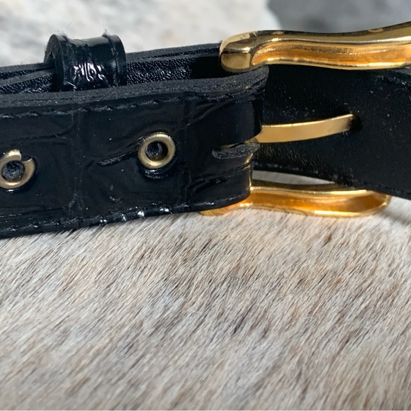 Black patent, croc effect belt. Brass colored buckle, 36” long. - Picture 3 of 5